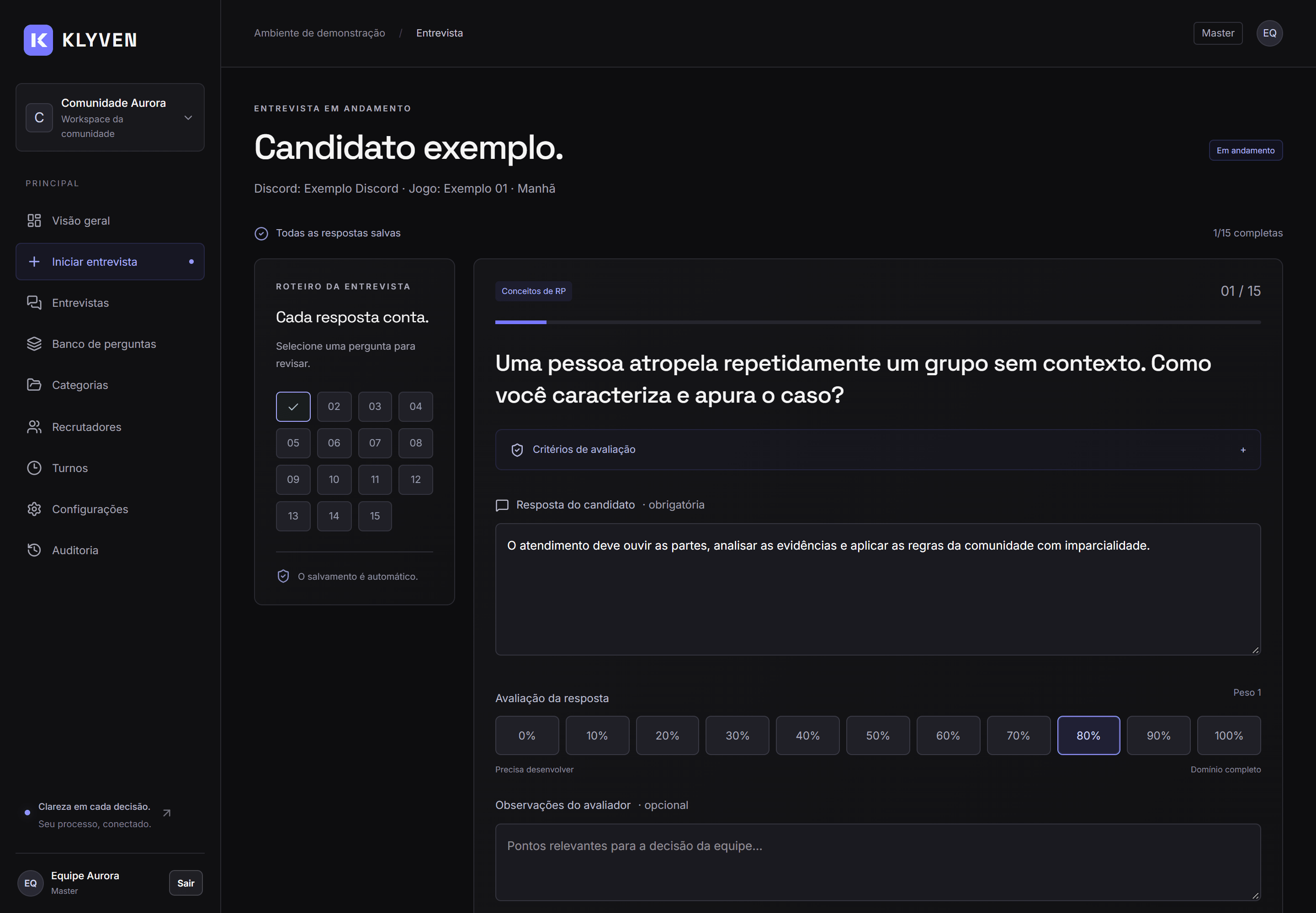 Entrevista Klyven com perguntas, respostas e avaliação por porcentagem.
